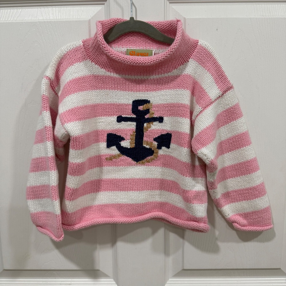Claver Pink White Striped Anchor Nautical Knit Sweater Mock Neck 4T